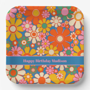 Retro Garden Colorful 60s Floral Pattern Papieren Bordje