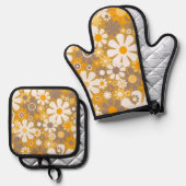 Retro Garden Floral 60s 70s Patroon Ovenwant & Pannenlap Set (Voorkant / Achterkant)