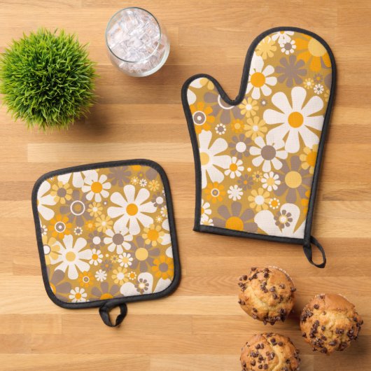 Retro Garden Floral 60s 70s Patroon Ovenwant & Pannenlap Set (Top down)