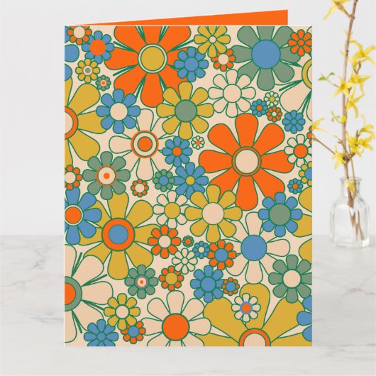 Retro Garden Floral 60s 70s Pattern Oranje Kaart (Gele Bloem)