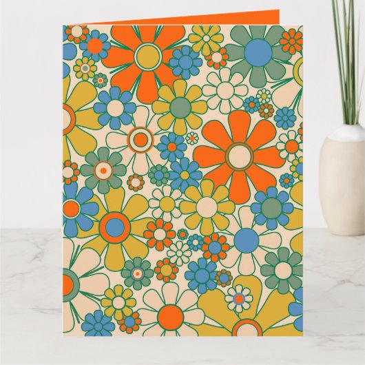 Retro Garden Floral 60s 70s Pattern Oranje Kaart (Voorkant)