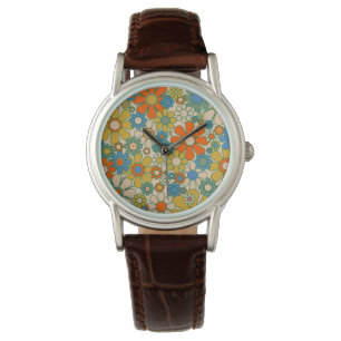 Retro Garden Floral Cheerful 60s 70s Pattern Horloge