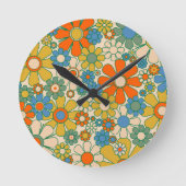Retro Garden Floral Cheerful 60s 70s Pattern Ronde Klok (Voorkant)