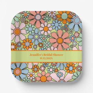 Retro Garden Flowers 60s 70s Boho Floral Pattern Papieren Bordje