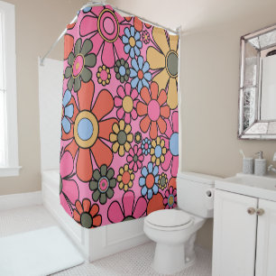 Retro Garden Flowers 60s 70s Bright Floral Pattern Douchegordijn