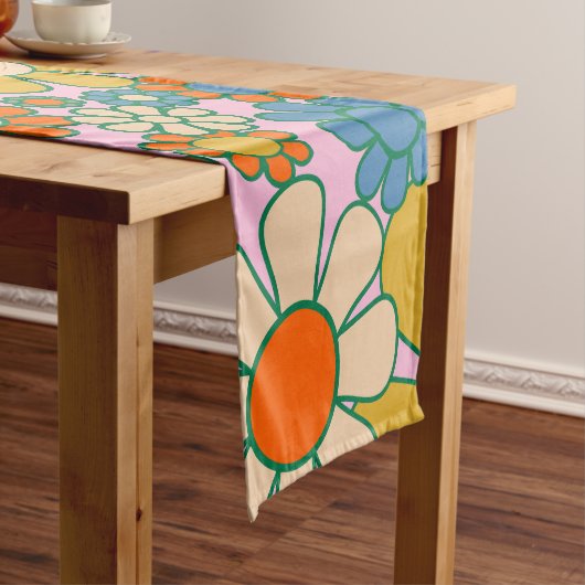 Retro Garden Flowers 60s 70s Floral Pattern Korte Tafelloper (Voorbeeld)
