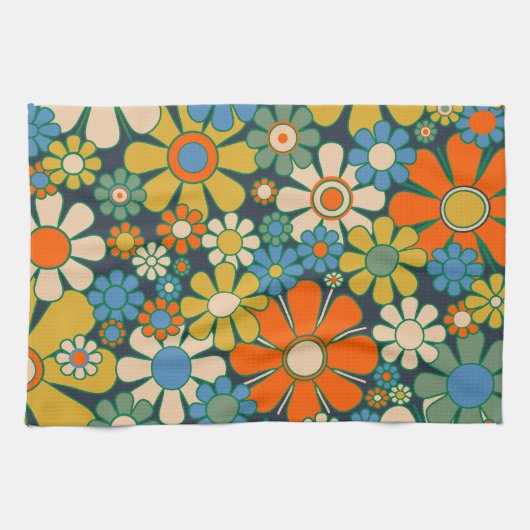 Retro Garden Flowers 60s 70s Floral Pattern Theedoek (Horizontaal)