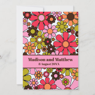 Retro Garden Flowers 60s Floral Pink en Brown Save The Date
