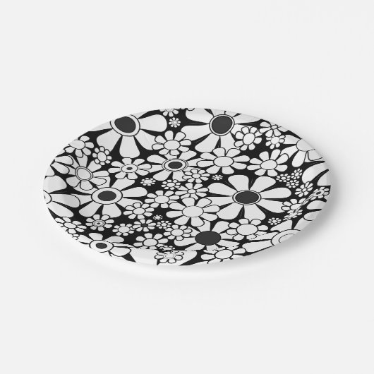 Retro Garden Flowers Black en White Floral Papieren Bordje (Gekanteld)
