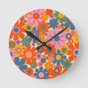 Retro Garden Flowers Colorful 60s 70s Floral Ronde Klok