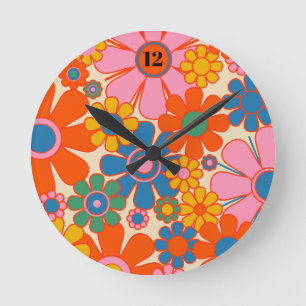 Retro Garden Flowers Colorful 60s 70s Floral Ronde Klok