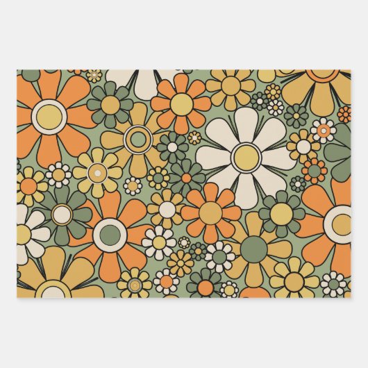 Retro Garden Flowers Groovy 60s 70s Floral Pattern Inpakpapier Vel (Voorkant 2)