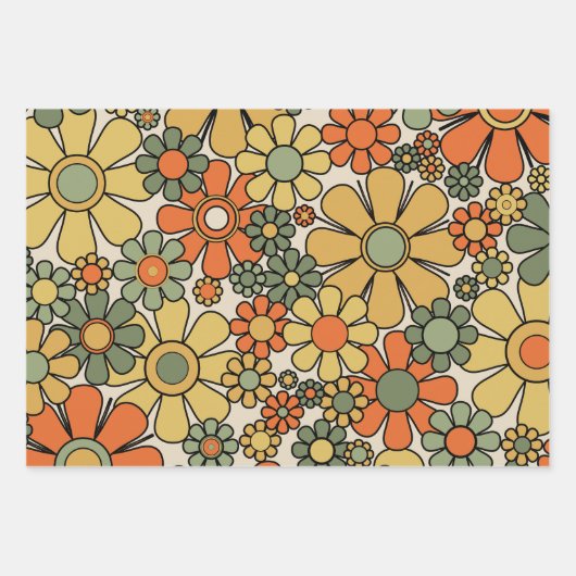 Retro Garden Flowers Groovy 60s 70s Floral Pattern Inpakpapier Vel (Voorkant 3)