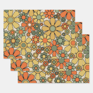 Retro Garden Flowers Groovy 60s 70s Floral Pattern Inpakpapier Vel