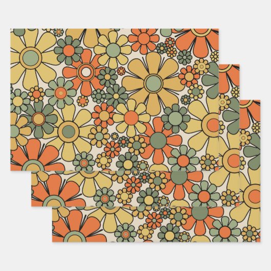 Retro Garden Flowers Groovy 60s 70s Floral Pattern Inpakpapier Vel (Set)