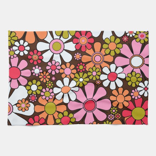 Retro Garden Flowers Groovy 60s 70s Floral Pattern Theedoek (Horizontaal)