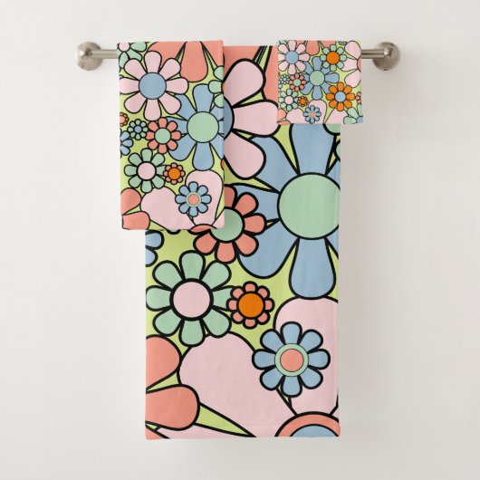 Retro Garden Flowers Groovy 60s 70s lentepastel Bad Handdoek (Insitu)