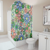 Retro Garden Flowers Groovy 60s 70s lentepastel Douchegordijn (In situ)