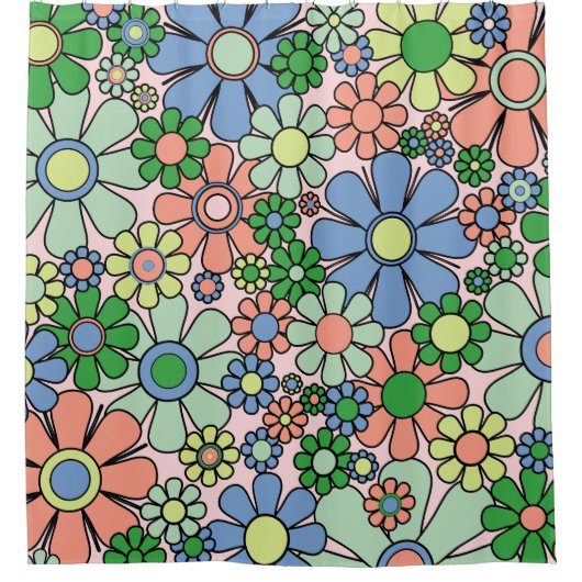Retro Garden Flowers Groovy 60s 70s lentepastel Douchegordijn (Voorkant)