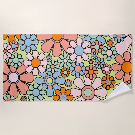 Retro Garden Flowers Groovy 60s 70s lentepastel Strandlaken (Voorkant)