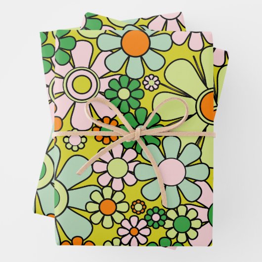 Retro Garden Flowers Groovy 60s 70s lentepatroon Inpakpapier Vel (In situ)