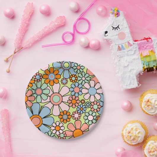 Retro Garden Flowers Groovy 60s 70s lentepatroon Papieren Bordje (Feest)