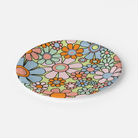 Retro Garden Flowers Groovy 60s 70s lentepatroon Papieren Bordje (Gekanteld)