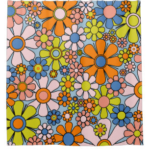 Retro Garden Flowers Groovy 60s 70s Spring Floral Douchegordijn