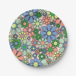 Retro Garden Flowers Groovy 60s 70s Spring Floral Papieren Bordje