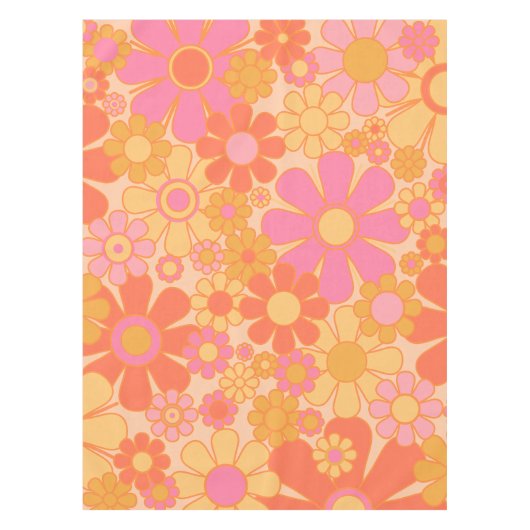 Retro Garden Flowers Groovy Floral Pink Yellow Tafelkleed (Voorkant)