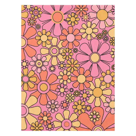Retro Garden Flowers Roze 60s 70s Floral Pattern Tafelkleed (Voorkant)