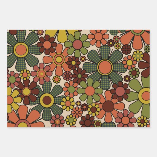 Retro Garden Gingham Flowers 70s  Bloemen Inpakpapier Vel (Voorkant)
