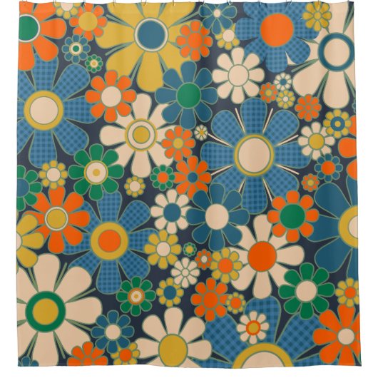 Retro Garden Gingham Flowers Bloemen Blauw Douchegordijn (Voorkant)