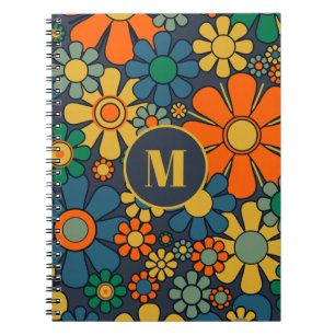 Retro Garden Groovy Floral 60s 70s PatroonInitiaal Notitieboek