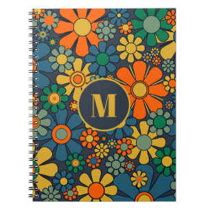Retro Garden Groovy Floral 60s 70s PatroonInitiaal Notitieboek