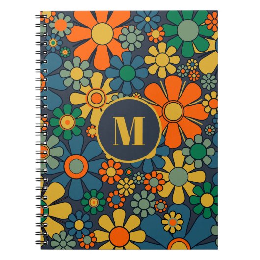 Retro Garden Groovy Floral 60s 70s PatroonInitiaal Notitieboek (Voorkant)