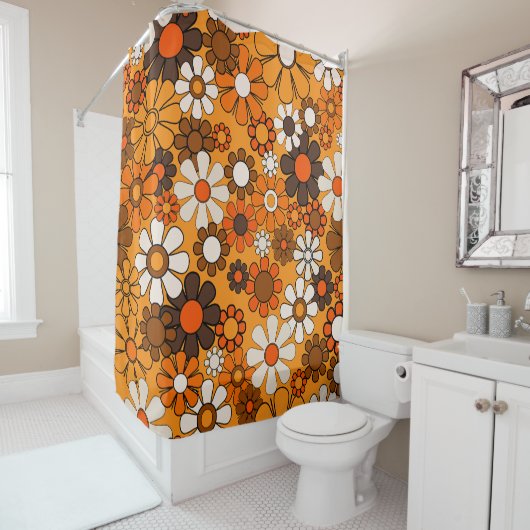 Retro Garden Groovy Floral 60s 70s Pattern Douchegordijn (In situ)