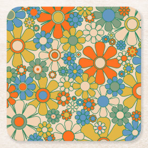 Retro Garden Groovy Floral 60s 70s Pattern Kartonnen Onderzetters