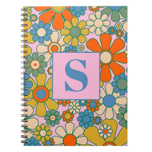 Retro Garden Groovy Floral 60s 70s Pattern Notitieboek (Voorkant)