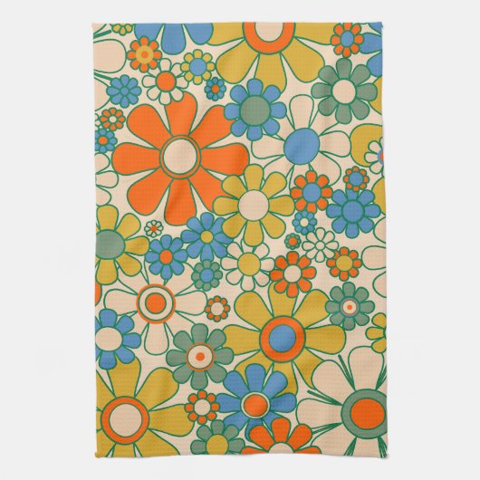 Retro Garden Groovy Floral 60s 70s Pattern Theedoek (Verticaal)
