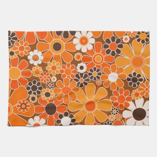 Retro Garden Groovy Floral 60s 70s Sinaasappel Pat Theedoek (Horizontaal)