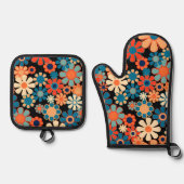 Retro Garden Groovy Nighttime Bloemenpatroon Ovenwant & Pannenlap Set (Voorkant)