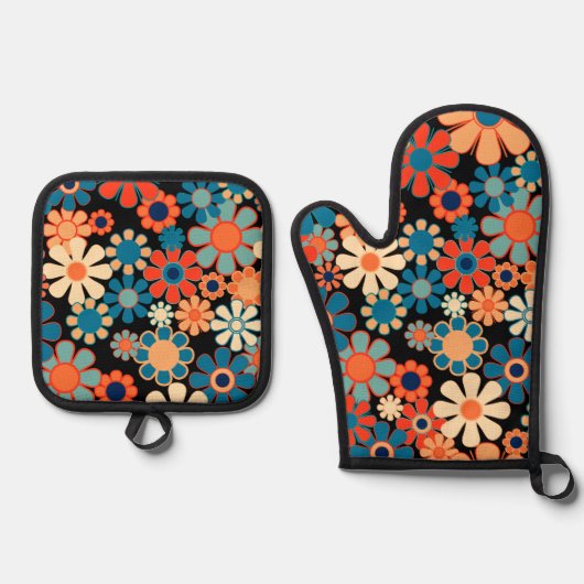 Retro Garden Groovy Nighttime Bloemenpatroon Ovenwant & Pannenlap Set (Voorkant)