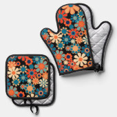 Retro Garden Groovy Nighttime Bloemenpatroon Ovenwant & Pannenlap Set (Voorkant / Achterkant)