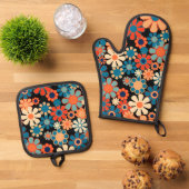 Retro Garden Groovy Nighttime Bloemenpatroon Ovenwant & Pannenlap Set (Top down)