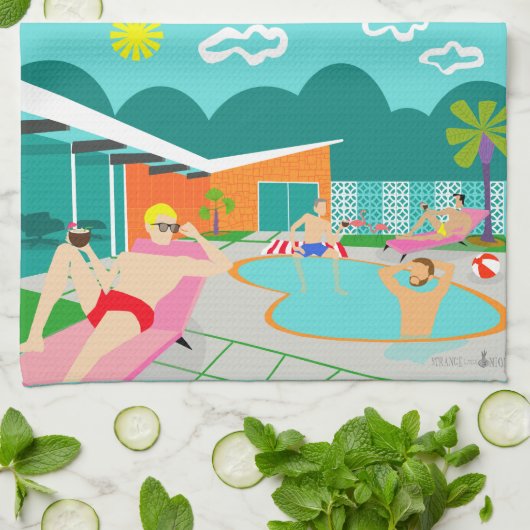 Retro Gay Pool Party Kitchen Towel Theedoek (Gevouwen)