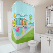 Retro Gay Roze Flamingo Pool Party Douchegordijn (In situ)