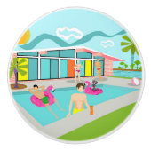 Retro Gay Roze Flamingo Pool Party Keramische Knop (Voorkant)