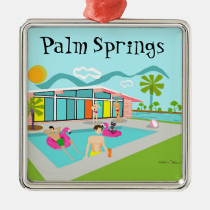 Retro Gay Roze Flamingo Pool Party Metalen Ornament