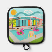 Retro Gay Roze Flamingo Pool Party Pannenlap (Voorkant)